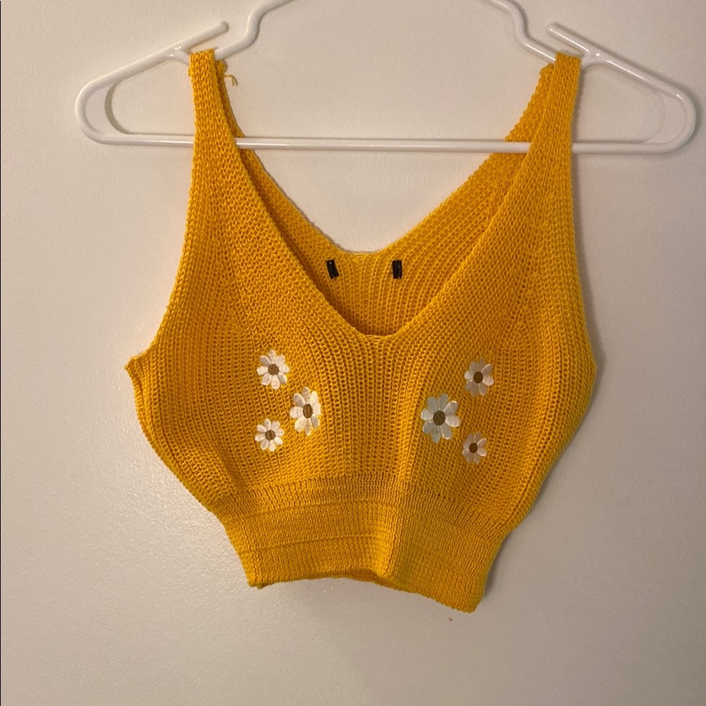 Adorable Yellow Knit Floral Crop Top